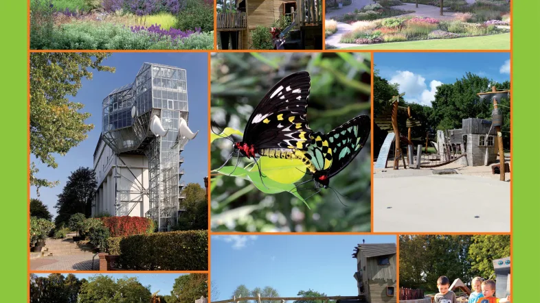 Bildcollage mit Impressionen aus dem Maximilianpark Hamm, darunter Natur, Kunst und Tierwelt.