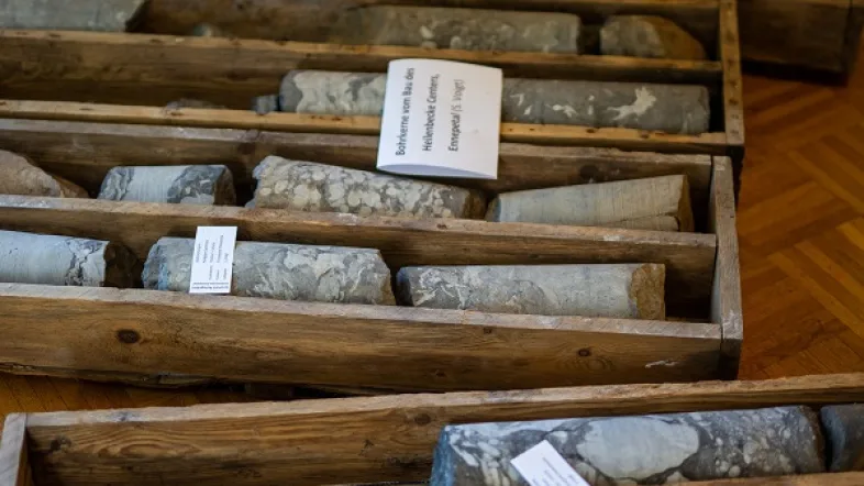 Ausgestellte Steine und Fossilien in der Kluterthöhle Ennepetal.