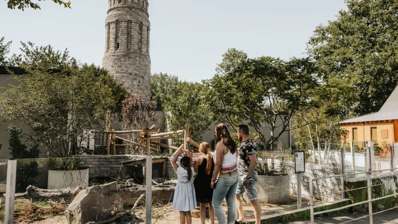 Blick über den Tierpark Bochum mit einem markanten Turm im Hintergrund an einem klaren Tag.